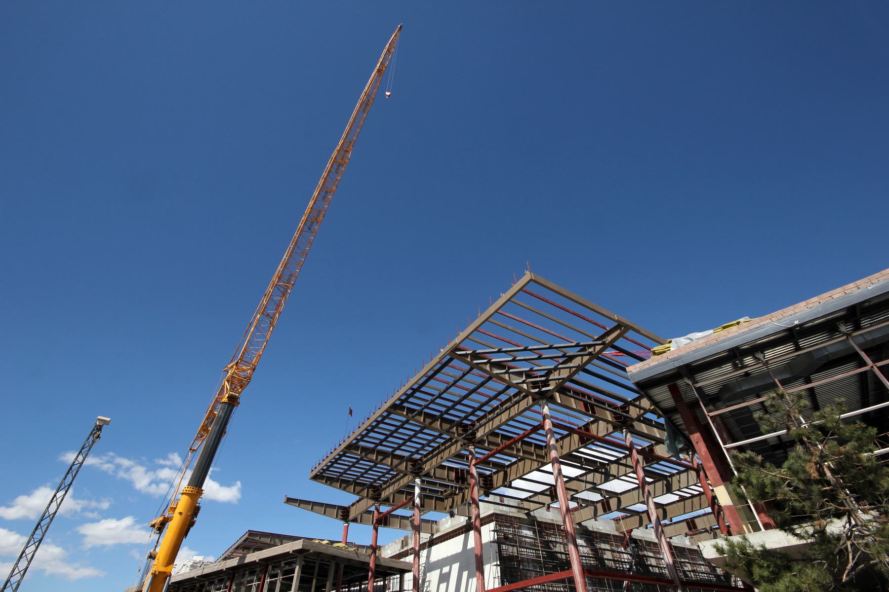 Steel frame of a large industrial building under construction