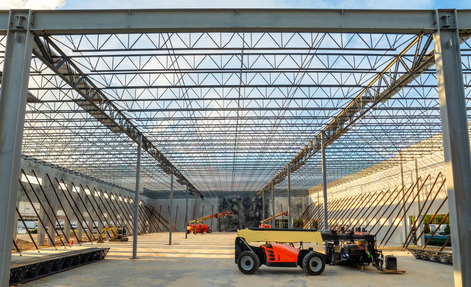 Large industrial warehouse steel framing under construction